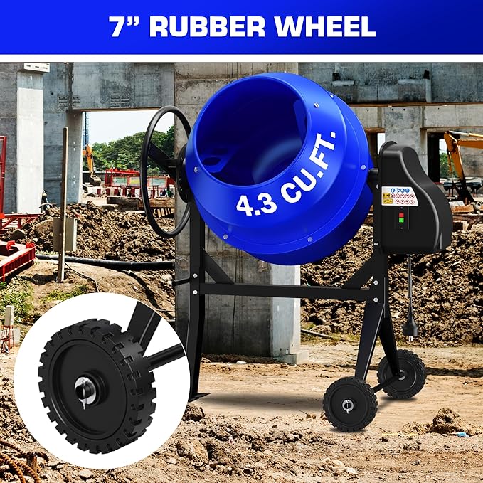 4.3 Cubic Ft Electric Concrete Mixer, 3/5HP, 450W Portable Concrete Mixer Machine with Stand And Wheels for Stucco, Mortar, Seeds (Blue)