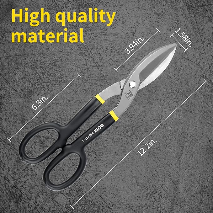 Tin Snips 12 Inch Flat Blade Metal Cutters Straight Shears Heavy Duty Drop Forged Carbon Steel Blade with Comfortable Rubber Dipped Handle for Cutting Sheet Metal