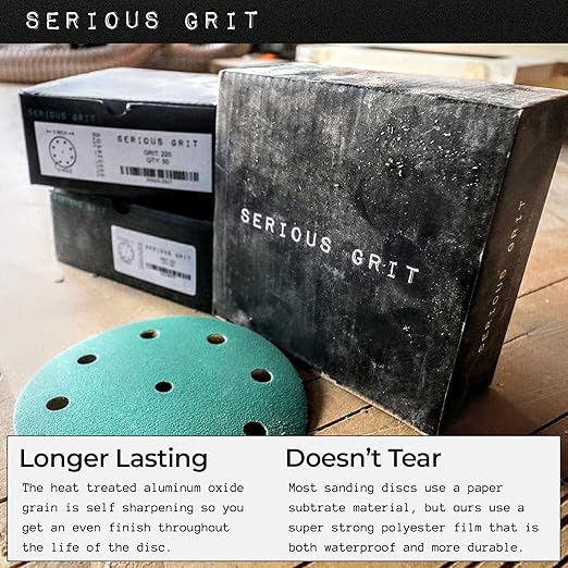 Serious Grit - 5-Inch 9-Hole 600 Grit Sanding Discs - Heavy-Duty Hook & Loop Film Discs - Sandpaper for Random Orbital Sanders - 50 Pack Box