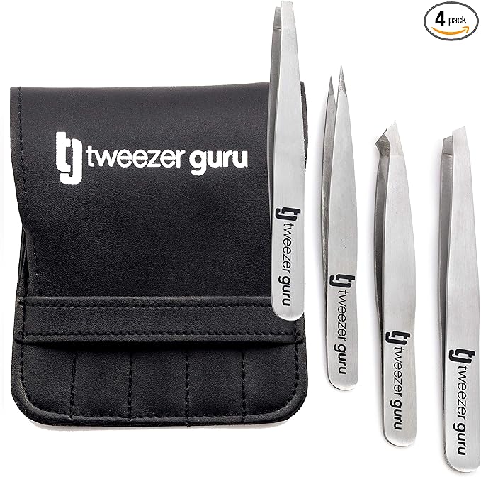 Tweezer Guru Eyebrow Tweezer Set for Women & Men - Professional Slant and Pointed Tweezers Set with Case - Precision Tweezers Kit for Facial Hair, Splinter and Ingrown Hair Removal (4 PC-W)