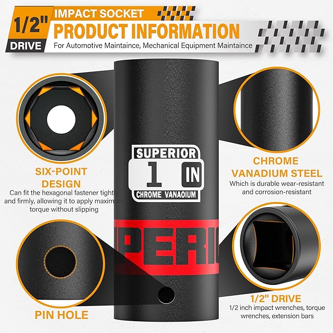 1/2" Drive Impact Socket, 1 inch Deep Socket, SAE, 6 Point, CR-V, for Car Repair, Loosen the Fastening Nut