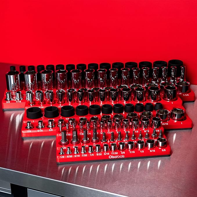 Olsa Tools Magnetic Socket Organizer | 3pc Socket Holder Kit | 1/2-Inch, 3/8-Inch, & 1/4-Inch Drive | Socket Organizers For Toolboxes | Red | Holds 123 | Professional-Grade Tool Organizer | Part 1560