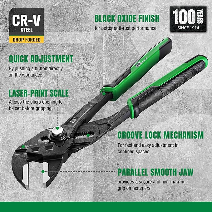 SK 10-Inch Pliers Wrench, Premium CR-V Construction, Smooth Parallel Jaws with Comfortable Grips
