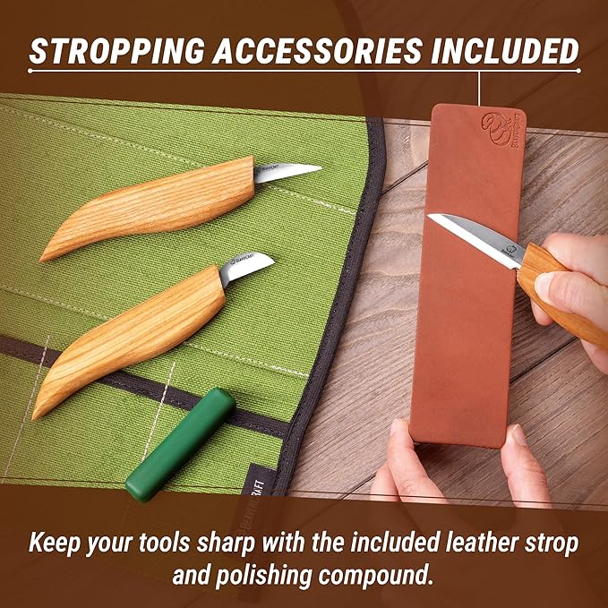 BeaverCraft Wood Carving Knife Kit S15 Whittling Kit for Beginners, Kids - Wood Carving Tools Set with Detail Chip Knife Sloyd Whittling Knives & Leather Strop, Polishing Compound and Tutorials