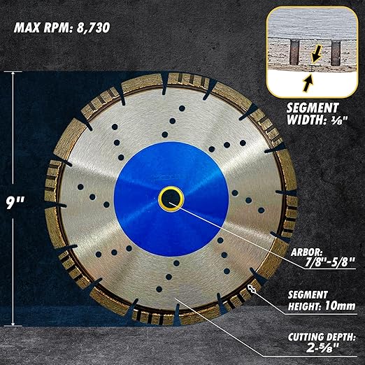 9" All Purpose Diamond Saw Blades for Hard/Reinforced Concrete, Asphalt, Granite, Terrazzo, Ductile Iron Piping, 2-5/8" Cutting Depth, 7/8"-5/8" Arbor