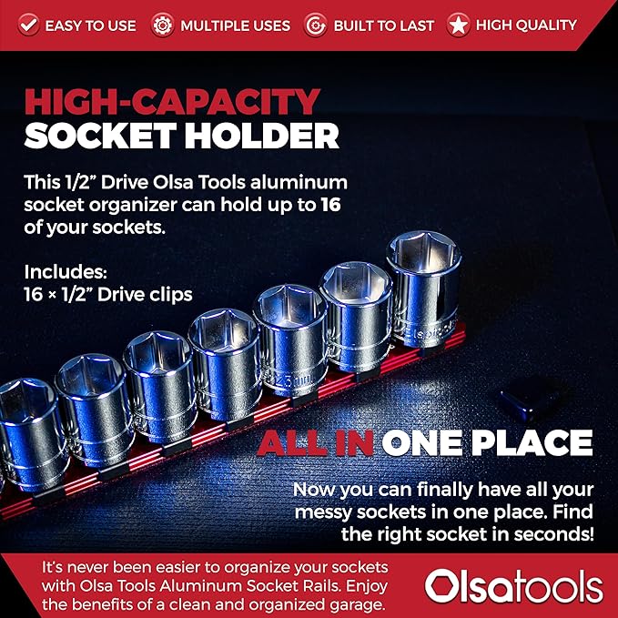 Olsa Tools Socket Organizer - 1/2-Inch Drive Socket Holder Rail - Red Aluminum Rail Stores 16 Impact or Chrome Sockets - Professional Grade Metric or SAE Socket Organizer - Part: 1012