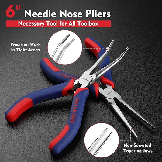 WORKPRO 2-Piece 6" Mini Needle Nose Pliers Set(Smooth Jaw), Long Nose Pliers, Bent Nose Pliers with Comfort Grip Handles, Jewelry Plier For Wire Wrapping, Handmade Craft, Jewelry Making Supplies