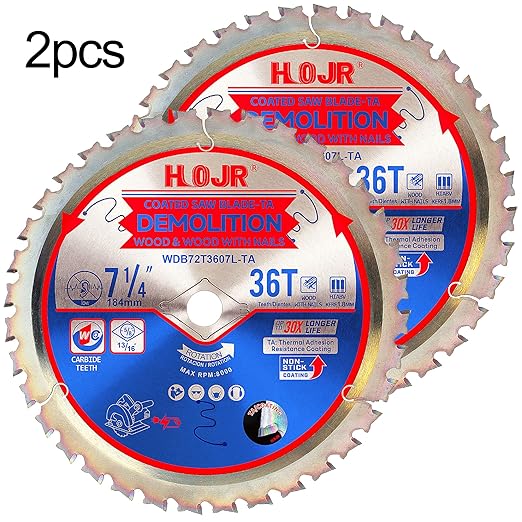 2-Pack 7-1/4" 36 Tooth 5/8" Arbor Demolition Circular Saw Blade Woodworking TA Series, Demolition/Framing, Special Anti-Heat Adhesion Coating on Cutting Head -TA, DEM 7-1/4"36T-TA