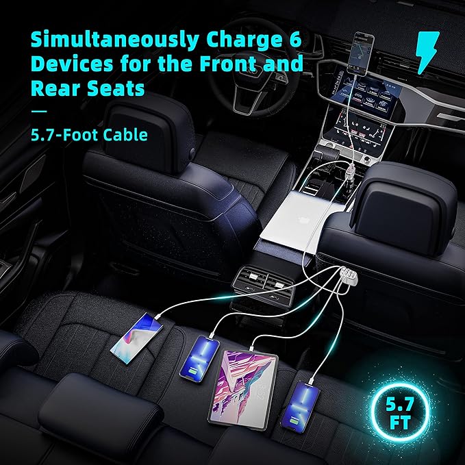 6-Port USB-C Car Charger, 123W Fast, PD 45W Compatible with iPhone16/Galaxy/Samsung S24, Cigarette Lighter Adapter with 5.7FT Cable for Rear Seat Charging (White)