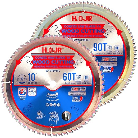 2-Pack 10" 60T & 90T 5/8" Arbor Woodworking Circular Saw Blade, Framing/Universal Wood Cutting Saw Blade,Special Anti-Thermal Adhesion Coating on Cutting Edge-TA, 10" 60T&90T 5/8"