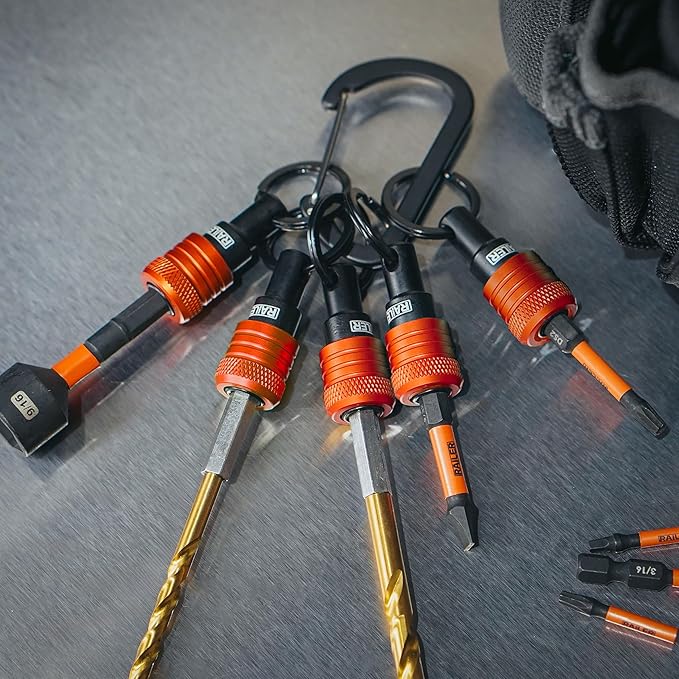 Railer Bit Holder Keychain 5pc - 1/4 inch Hex Shank Bit Holders - Quick Release Bit Holder for Nut Driver, Screwdriver & Drill Bits w/Key Chain Carabiner
