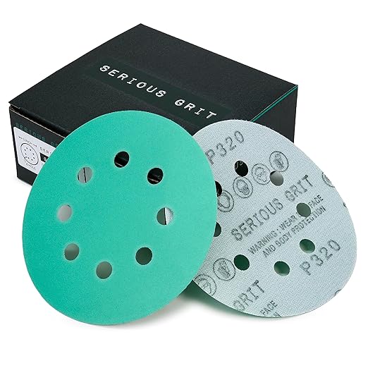Serious Grit Sanding Discs 5 Inch 8 Hole 320 Grit - Heavy-Duty Hook & Loop Wet Dry Film Sandpaper Discs - Extra Fine Sand Paper for Random Orbital Sanders - Wood, Automotive, Metal, etc - 50 Pack Box