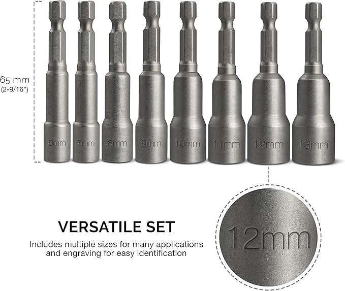 NEIKO 10065A 1/4” Hex Shank Magnetic Power Impact Nut Driver Set |8 Piece Tool Set | Professional Grade Socket Nut Setters| Metric | Sizes 6 to 13 MM | Cr-V Steel