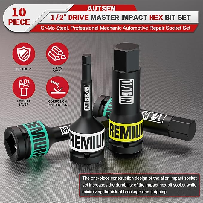 1/2" Drive Impact Hex Bit Socket, 10 Piece Allen Bit Socket Set, 1/4" - 3/4", SAE, Cr-Mo Steel, Ideal for Professional Mechanic Automotive Repair