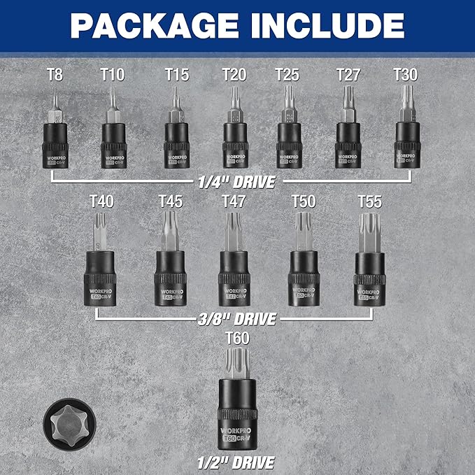 WORKPRO Torx Bit Socket Set, 1/4", 3/8" and 1/2" Drive Torx Bits 13-Piece Socket Set T8-T60, Premium S2 Steel Bits and CR-V Sockets with Storage Case