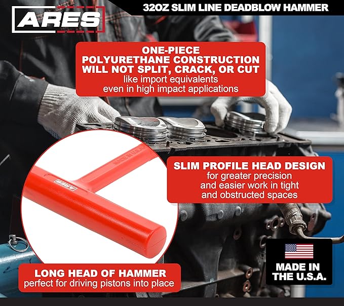 ARES Master Piston Ring Compressor Kit and 32oz Slim Line Deadblow Hammer ??Heavy Duty Stamped Steel Construction for Strong and Secure Band Compression ??Heavy Head Delivers Powerful Striking Force