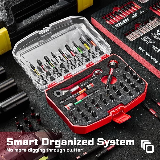 40 Pieces Tool Kit with Matching Storage Box, Include 1??2??S2 Steel Magnetic Screwdriver Bits (Phillips/Square/Slotted/Torx), Nut Driver and Mini Ratchet Wrech for Home Repairs