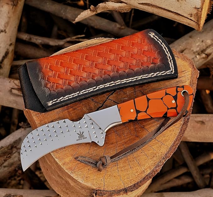 Farrier Rasp Steel Hawkbill Knife, Fixed Blade Full Tang, Leather Sheath, Wire Skinning Utility Knife for Lineman