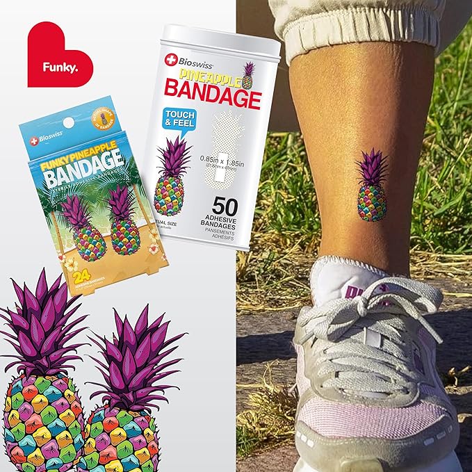 BioSwiss Bandages, Funky Pineapple Shaped Self Adhesive Bandage Set, Latex Free, Sterile Wound Care, 50 Count
