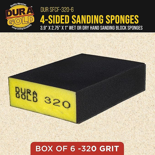 Dura-Gold 320 Grit 4-Sided Hand Sanding Block Sponges, Box of 6 - Performance Flex 3.9" x 2.75" x 1" Wet or Dry Flexible Sandpaper Abrasive Brick Pads, Reusable - Sand Wood, Drywall, Metal, Auto Paint