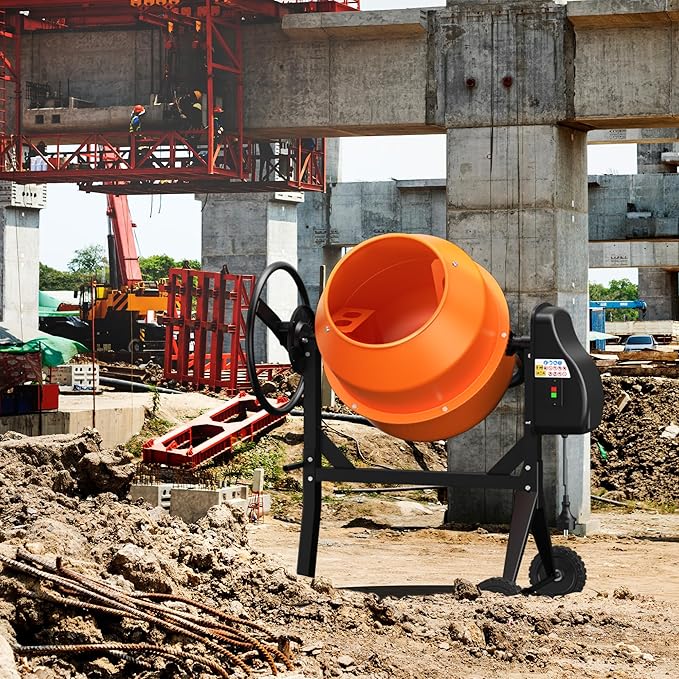 Electric Concrete Mixer, 4.3 Cubic Ft, 3/5HP. 450W Portable Concrete Mixer Machine with Stand & Wheels for Stucco, Mortar, Seeds, Orange-2026 Upgraded