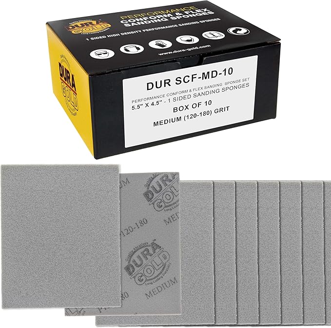 Dura-Gold Medium Cut Sanding Sponges, Box of 10-5.5" x 4.5" (120 to 180 Grit) Performance Conform & Flex Wet or Dry Flexible Softback Sandpaper Sponges, Hand Block Pad, Wood Drywall Metal Auto Paint