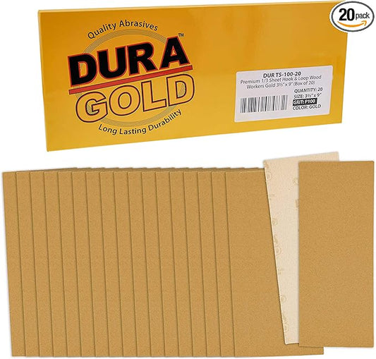 Dura-Gold Premium 1/3 Sheet Gold Sandpaper Sheets, 100 Grit (Box of 20) - 3-2/3" x 9" Size Hook & Loop Backing, Wood Furniture Woodworking, Auto Paint - Jitterbug Sanders, Clip-On, Hand Sanding Blocks
