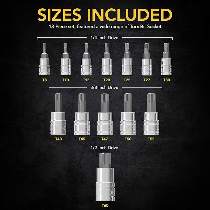 LEXIVON Torx Bit Socket Set, Premium S2 Alloy Steel | 13-Piece Star T8 - T60 Set | Enhanced Storage Case (LX-143)