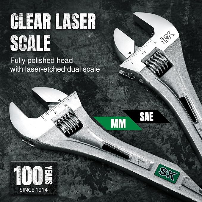 SK 3-Piece Adjustable Wrench Set, 6-Inch, 8-Inch, 10-Inch, Cr-V Steel, SAE & Metric Scales