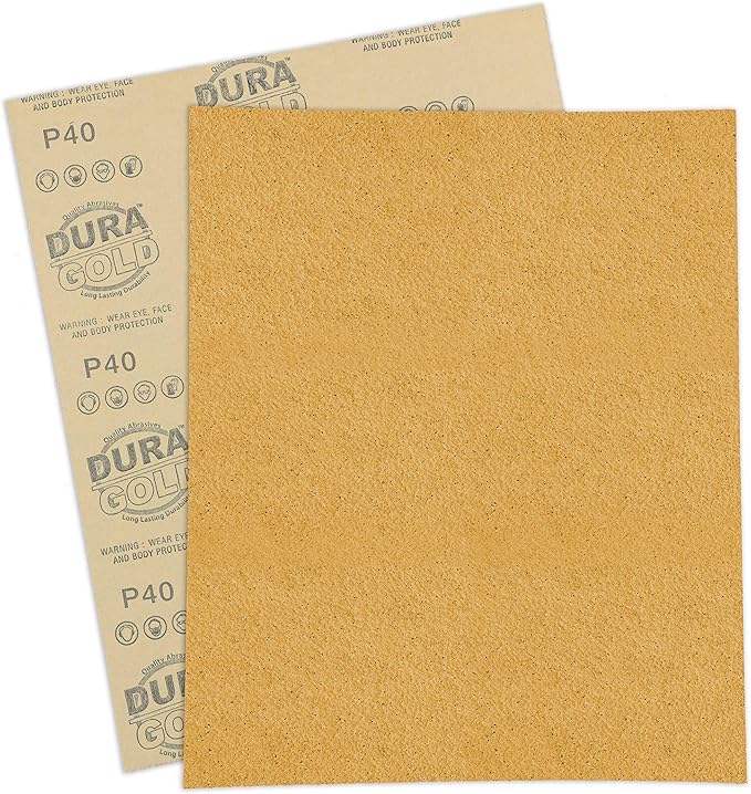 Dura-Gold Premium 9" x 11" Gold Sandpaper Sheets, 40 Grit (Box of 6) - Wood Furniture Woodworking, Automotive Paint - Full-Size Cut to Use on 1/4, 1/3, 1/2 Sheet Finishing Sanders, Hand Sanding Block