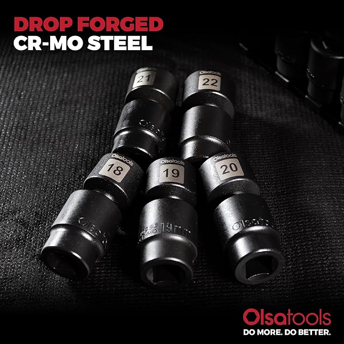 Olsa Tools Swivel Impact Socket Set, 1/2" Drive Metric - Pinless Universal Joint Sockets - Impact Swivel Socket Set - Drop-Forged Cr-Mo High Torque Wobble Sockets with Rail - Part: 1781