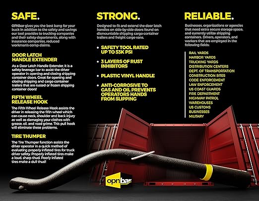 Opnbar Safety Tool (4 Pack) - 3 Trucker Tools in 1: Leverage Bar, Tire Thumper and 5th Wheel Hitch Release, Steel - Made in USA, Flat Black, Yellow