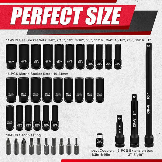1/2" Drive Impact Socket Set, SAE and Metric, Cr-V Steel, 6 Point Deep & Shallow Sockets (40pcs 1/2" Socket Set)