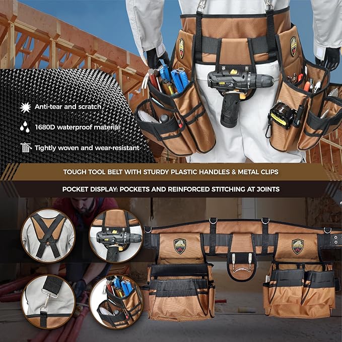 ZAKCO Professional 1680D Polyester Tool Belt with Suspender, Strudy Tool Belt for Carpenters, Framers, Electricians, Plumbers, Hanyman & DIY (Khaki, Full Size)