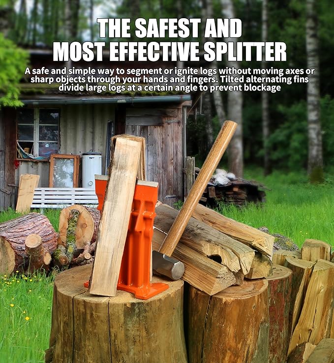 Firewood Kindling Log Wood Splitter ??No Axe! Wedge Point Splits Firewood, 6 Inch, Orange with Safety Cover