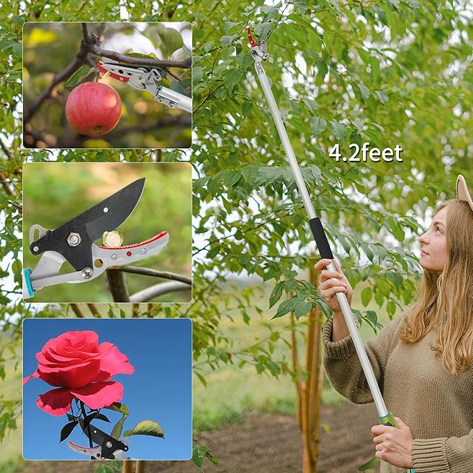 GARTOL Cut & Hold Pole Pruner, 4.2 FT Lightweight Fruit Picker with 180째 Rotating Handle, SK5 Steel Blade Cuts up to 1/2 Inch, Long Reach Garden Tree Trimmer & Branch Cutter for Shrubs, Bushes