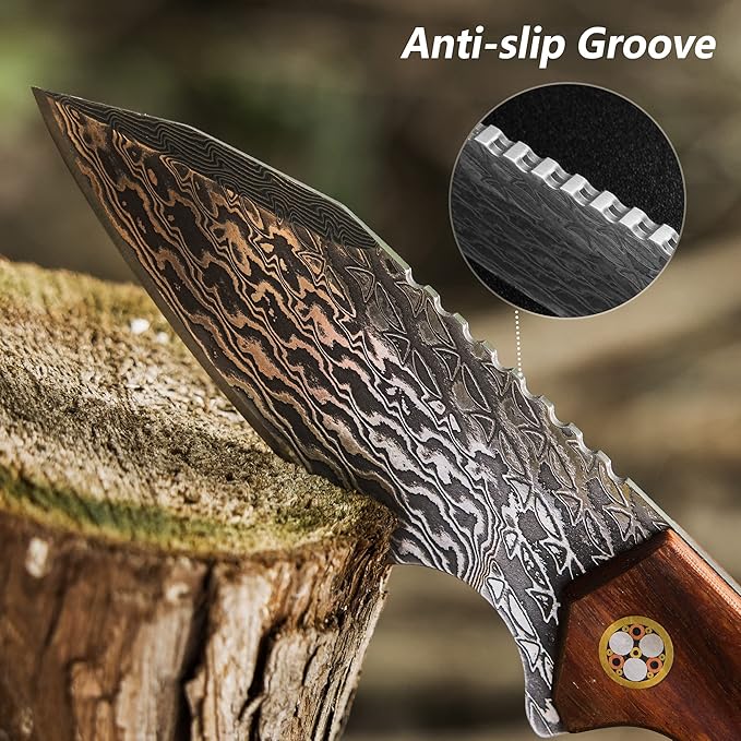 FLISSA 8-1/2 Inch Damascus Steel Hunting Knife, Fixed Blade Knife with Leather Sheath, Full-Tang Construction Survival Knife for Camping, Hiking and Outdoor Adventures, Rosewood Handle, Great Gifts for Husband, Wife, Mom and Dad