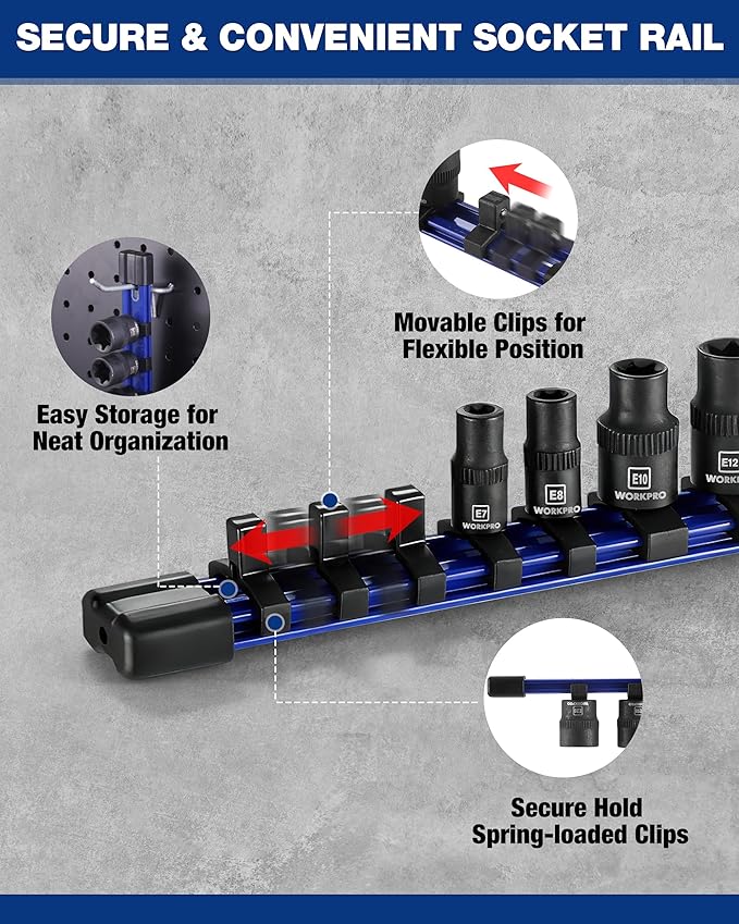 WORKPRO 11PCS E-Torx Socket Set, 1/4" 3/8" Drive Star Socket Set, CR-V Steel External Torx Socket Set (E4-E20 Socket) with PVC Socket Organizer, Ideal for Motorcycle, Automotive, and Mechanical Repair