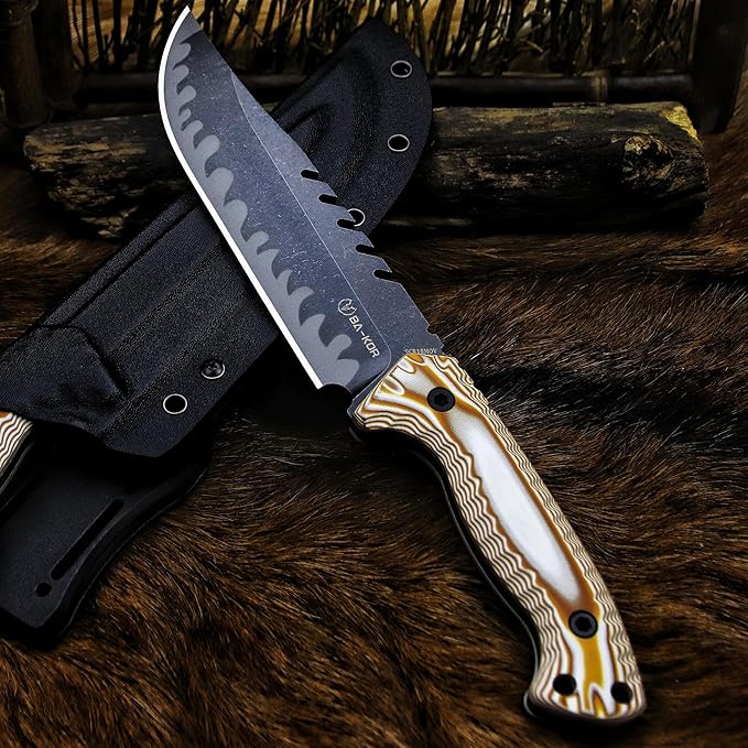 BA-KOR 12.4in Full Tang Fixed Blade Hunting Knife – 6mm 9CR18MoV Steel, G10 Handle, Stonewashed Sawback Blade with Kydex Sheath & Fire Starter for Outdoor, Camping, Survival (White and brown stripes)