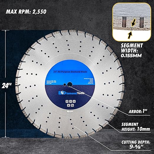 24" All Purpose Diamond Saw Blades for Hard/Reinforced Concrete, Asphalt, Granite, Terrazzo, Ductile Iron Piping, 9-5/8" Cutting Depth, 1" Arbor