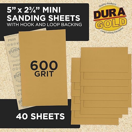 Dura-Gold Premium 5" x 2.75" Gold Sandpaper Sheets, 600 Grit (Box of 40) - Hook & Loop Backing, Wood Furniture Woodworking, Auto Paint - for Palm Sanders, Clip-On, Hand Sanding Blocks