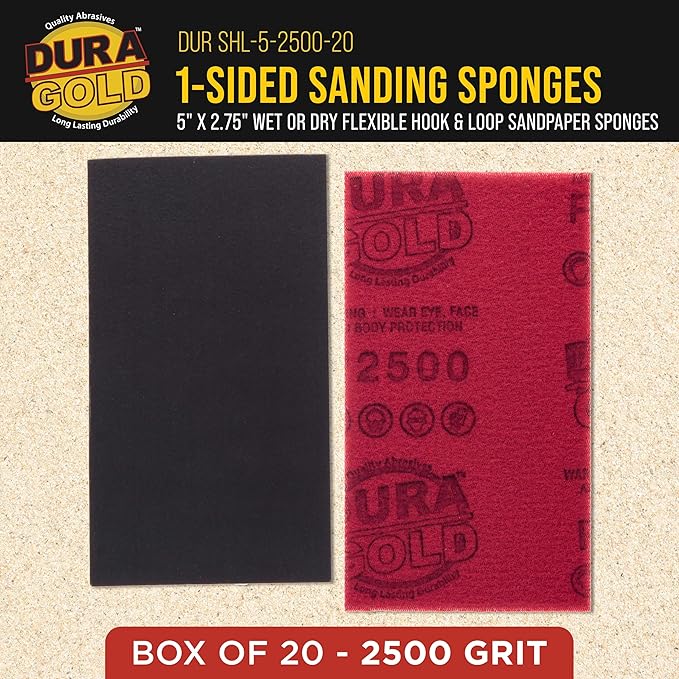 Dura-Gold 2500 Grit 5" x 2-3/4" Sanding Sponges, Box of 20 - Performance Hook & Loop Wet or Dry Flexible Sandpaper Sponge Pads - for Hand Sanding Blocks, Palm Sanders - Polish Metal, Auto Paint, Wood