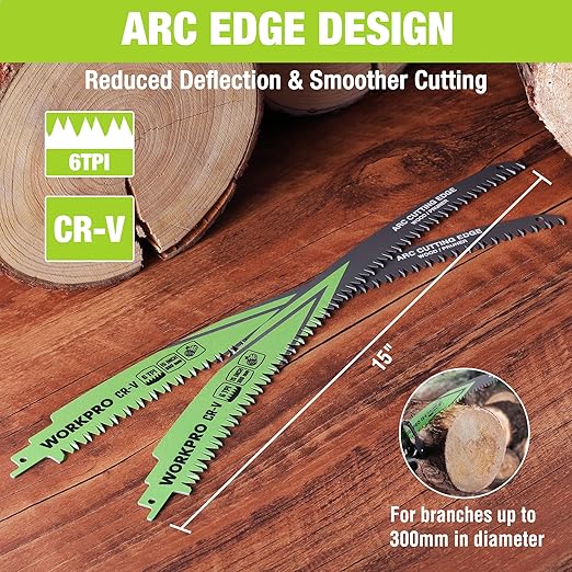 WORKPRO 15" Japanese Teeth Wood Pruning Reciprocating Saw Blades Set, Arc Cutting Edge 6TPI Pruning Saw Blades for Tree Pruning, Wood Cutting, Durable & Sharp, 3 Pack