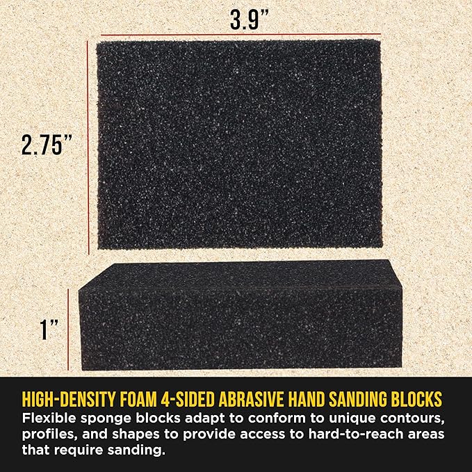 Dura-Gold 36 Grit 4-Sided Hand Sanding Block Sponges, Box of 6 - Performance Flex 3.9" x 2.75" x 1" Wet or Dry Flexible Sandpaper Abrasive Brick Pads, Reusable - Sand Wood, Drywall, Metal, Auto Paint