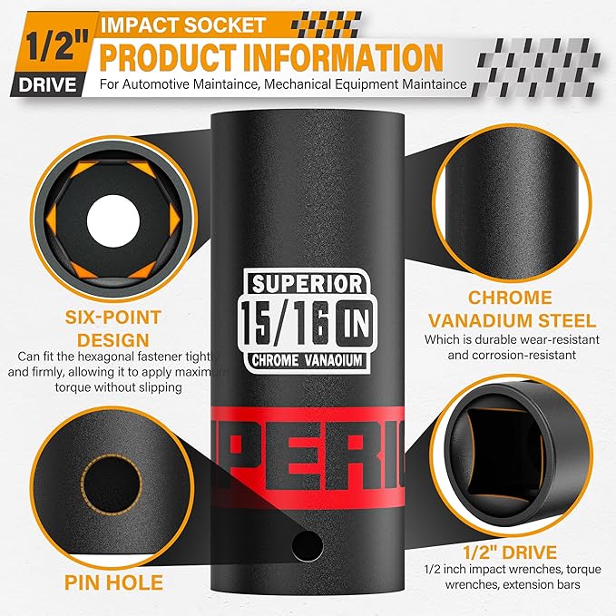 1/2" Drive Impact Socket, 15/16 inch Deep Socket, SAE, 6 Point, CR-V, for Car Repair, Loosen the Fastening Nut