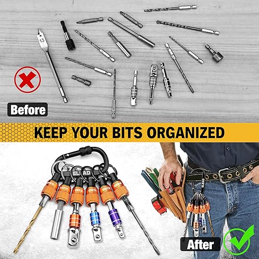 ELEAD 6-Piece Bit Holder Key Chain, 1/4 inch Orange Hex Shank Bit Holders, Quick Release Design with Keychain Carabiner for Nut Driver, Screwdriver & Drill Bits, Tools Gifts for Men