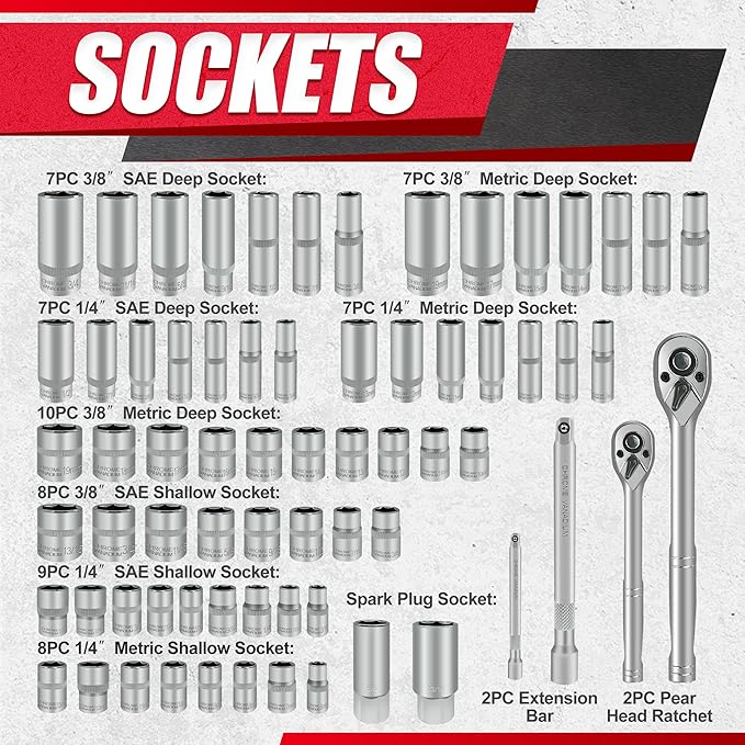 69pcs 1/4??3/8"" Drive Impact Socket Set,Drive Master Socket Set,SAE/Metric, Deep & Shallow with Drive Head Ratchet,Drive Spark Plug Socket,Extension bar (3??& 6??,6 Point,CR-V Steel, Mirror