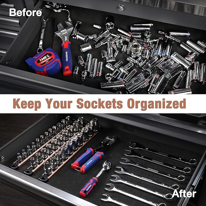 WORKPRO Magnetic Socket Organizer, 3/8-Inch Drive Aluminum Alloy Socket Rail, Heavy Duty Socket Holder, Socket Rack Kit 3/8-Inch x 10 Clips Champagne (Socket not Included)