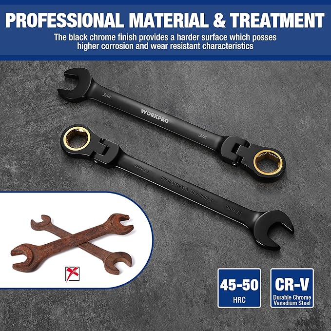 WORKPRO 22-piece Ratcheting Wrench Set with 180째 Flex Head, Anti-Slip Tooth, Combination Wrench Sets with Organizer Box, Metric 6-18mm & SAE 1/4-3/4", Black Electrophoretic Coating