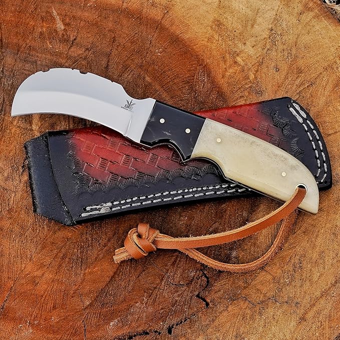 Handmade Stainless Steel Lineman’s Hawkbill knife with Leather sheath, Heavy Duty Utility Knife blade Electrician Wire Skinning knife for professional. (Camel & Black)